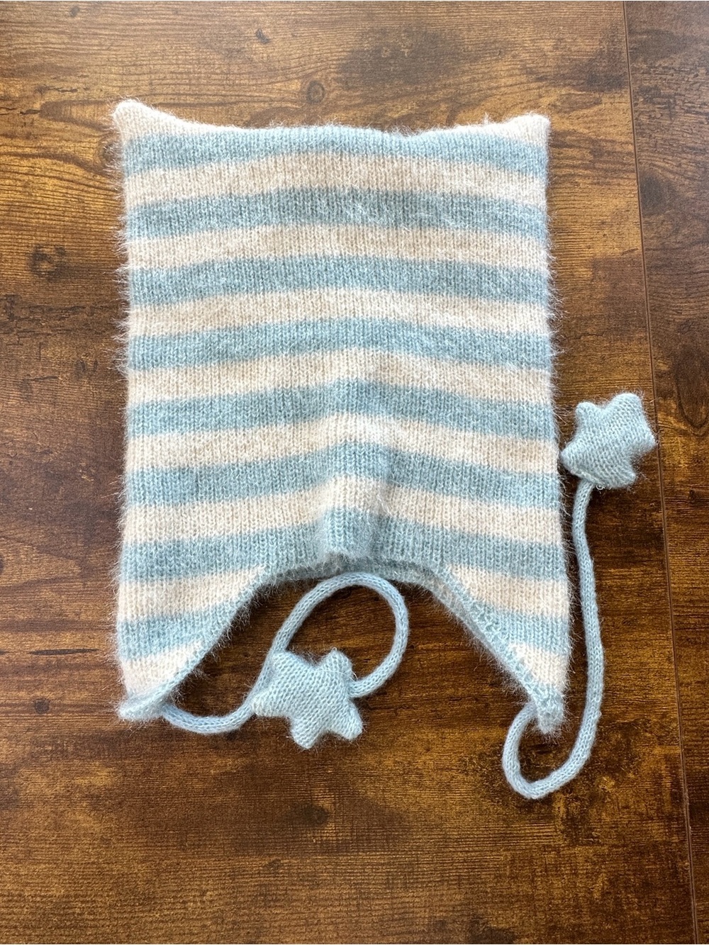 Fuzzy Striped Knit Balaclava Hood Hat with Padded Star Ties One Size